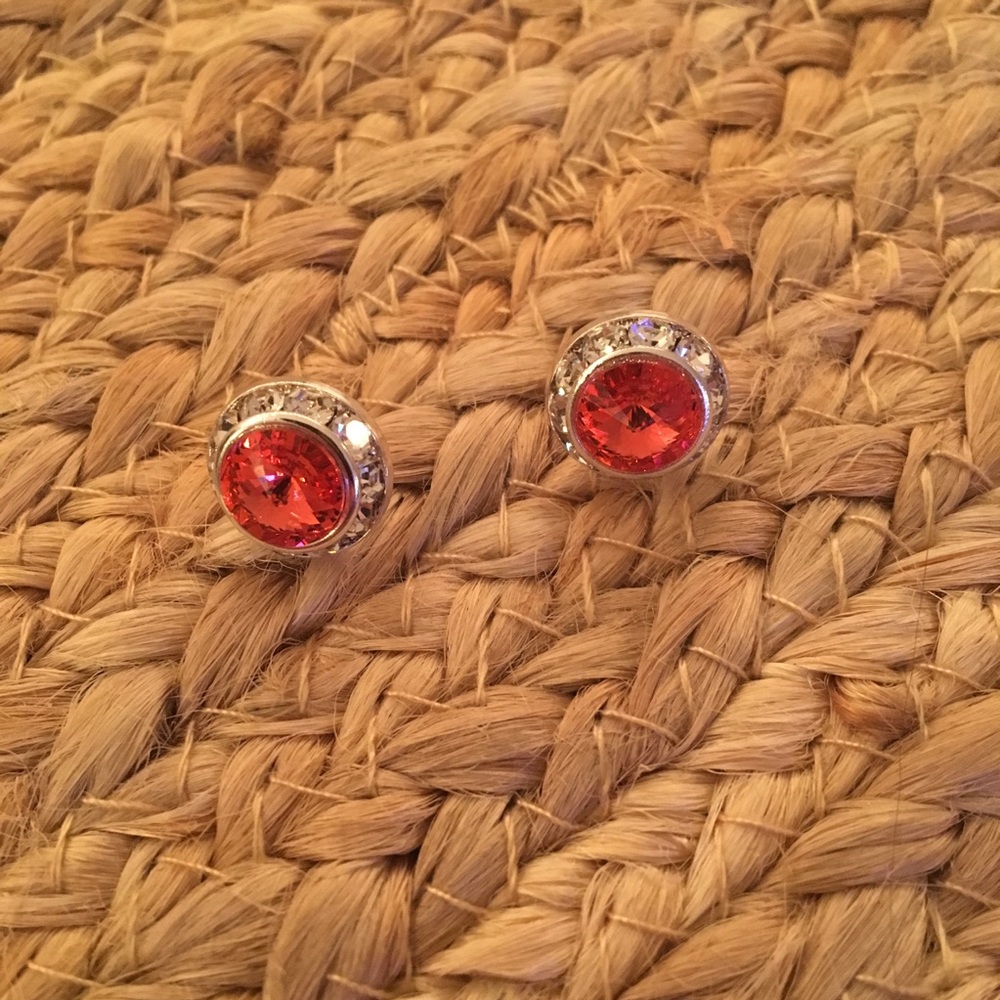 Salmon & Silver Stud Earrings with Crystal Detail